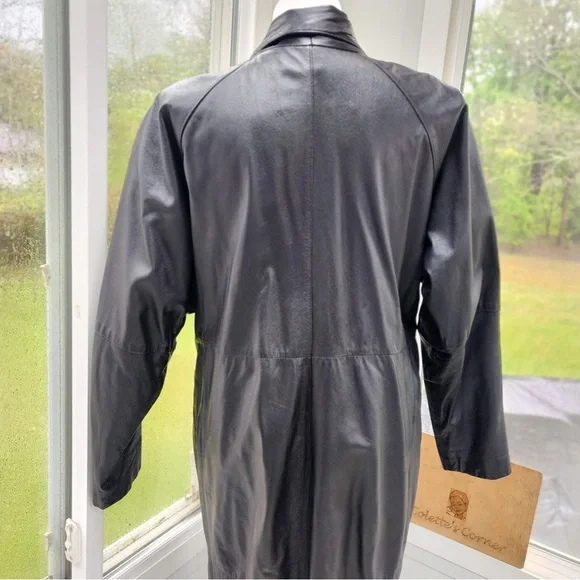 Vintage Accent Black Leather Cocoon Sleeve Maxi Single Breasted Coat Size XL - Picture 6 of 14